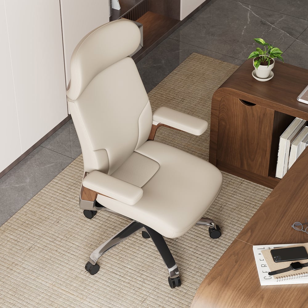 Ivory Genuine Leather Swivel Office Chair with Ergonomic Synchro-Tilt Recline System window image