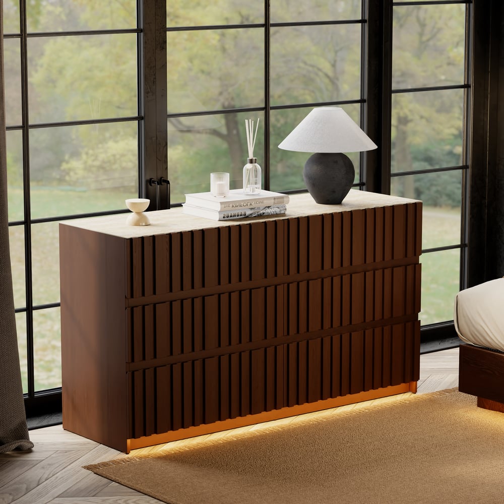 59" Walnut and Sintered Stone 6-Drawer Lighted Dresser window image
