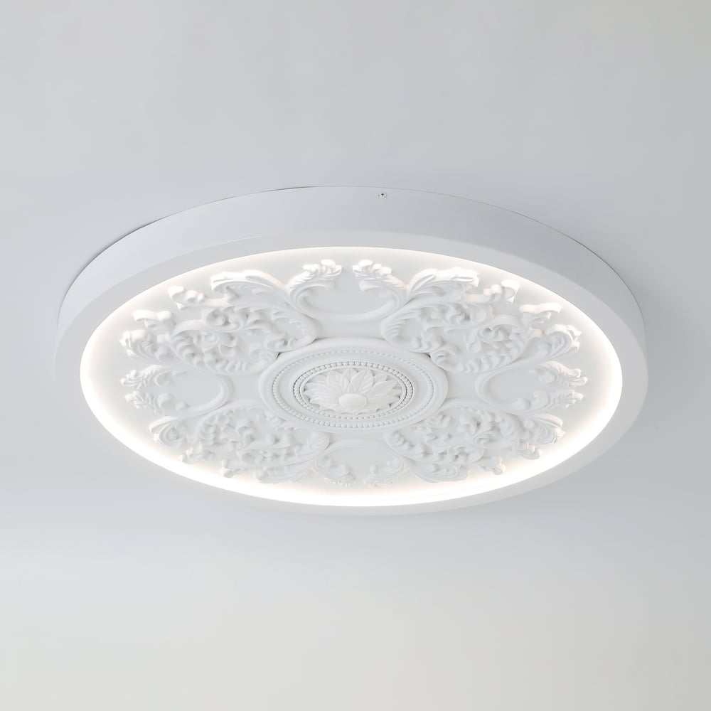 French Elegant White Resin 3D Carved LED 3-Mode Dimmable Flush Mount Ceiling Light window image