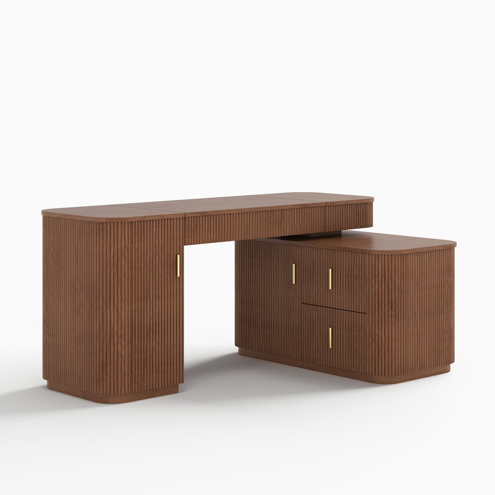 Modern 60" L-Shape Walnut Executive Desk with Drawers & Cabinet Right Hand window image