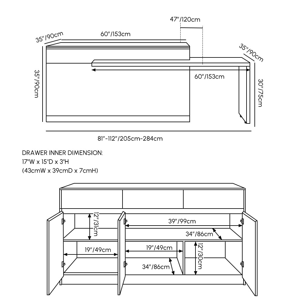 Îlot de cuisine extensible en bois de 81''-112" avec rangement, Naturel & Blanc Poids, dimensions, image