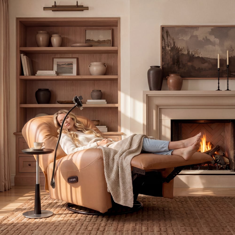 Fauteuil inclinable pivotant et basculant électrique en cuir véritable avec support de téléphone image de fenêtre