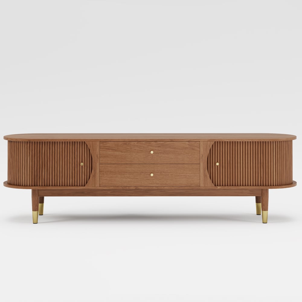 80" Ash Wood Fluted Walnut TV Stand with Storage window image