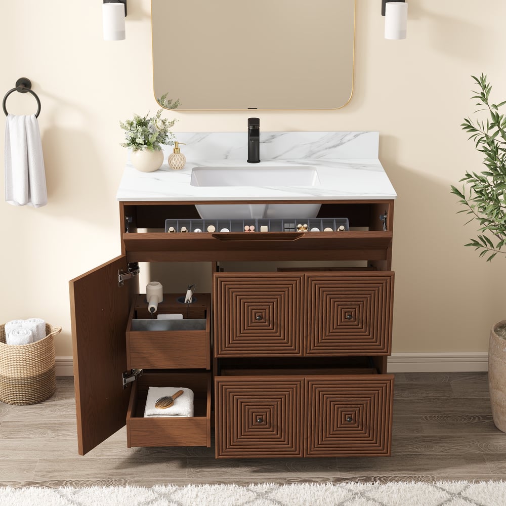 92cm Walnut Single Bathroom Vanity with Sink and Sintered Stone Top window image