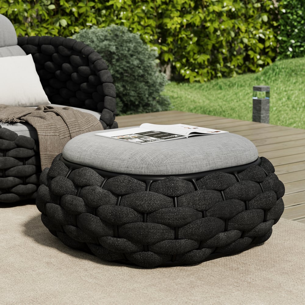 Cocaro Outdoor Hand-Woven Rope Footrest Storage Ottoman in Dark Grey window image