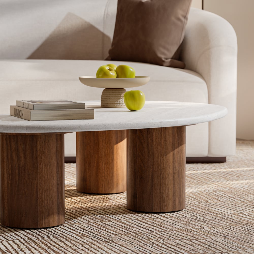 Ensemble de tables basses rondes de 18"-47" en placage de béton et noyer image de fenêtre