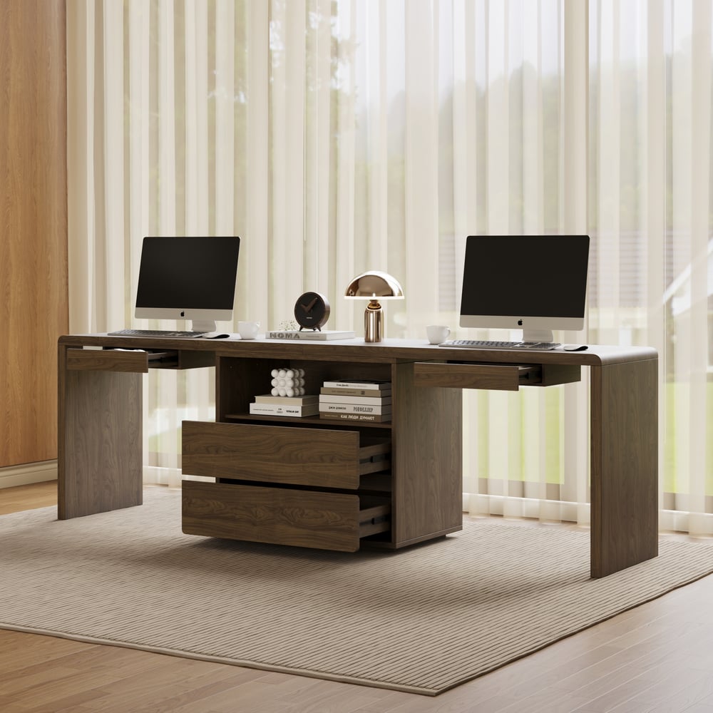 Modern 94" Rectangular Smoked Brown Double Desk with Drawers, Seats 2 window image