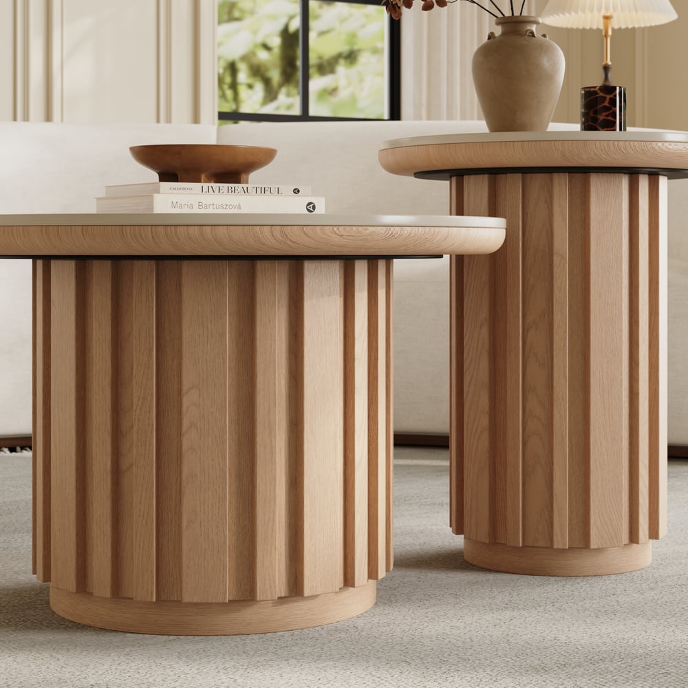 Aura 2 Piece Set Ash Wood Slatted  Round Coffee Table with Sintered Stone Top(20" - 28") window image