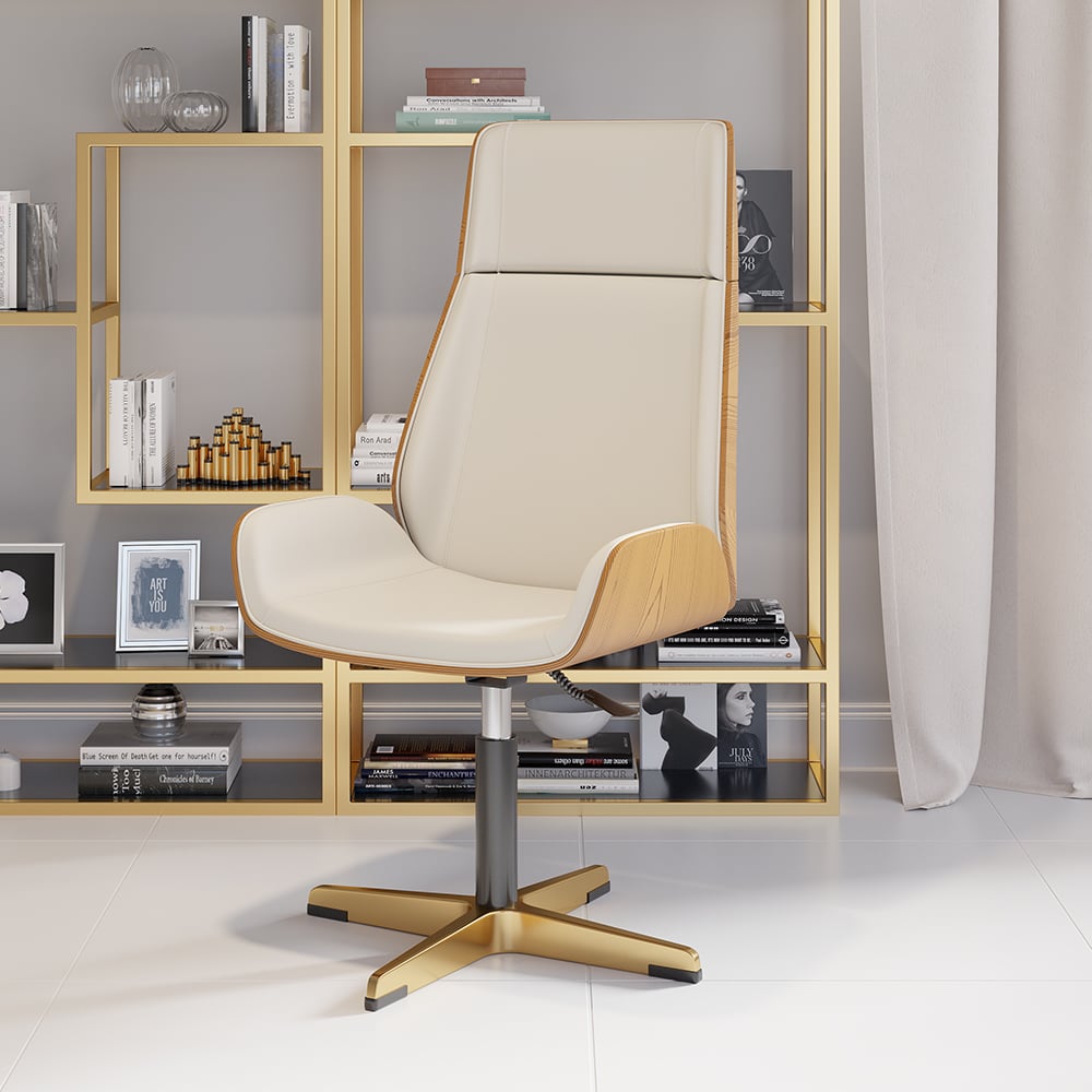 Walnut Curved Wooden Office Desk & Adjustable Swivel Executive Chair in Beige & Gold window image
