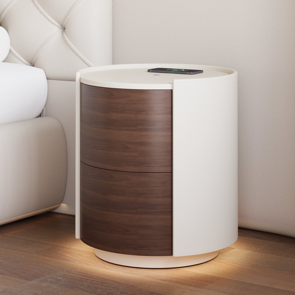 Modern Saddle Leather 2-Drawer Nightstand with Charging Station & Light window image