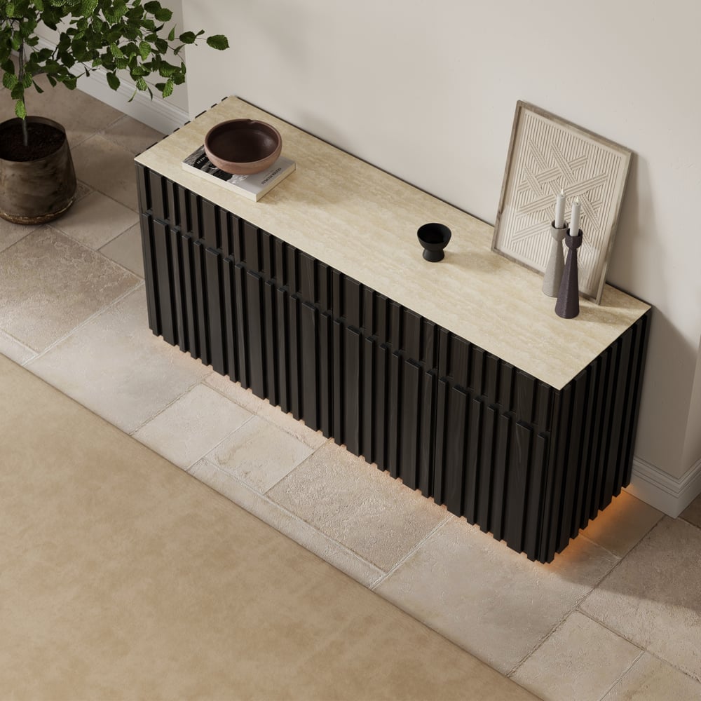 Aura 65" Ash Wood Slatted Black TV Stand with Sintered Stone Top window image