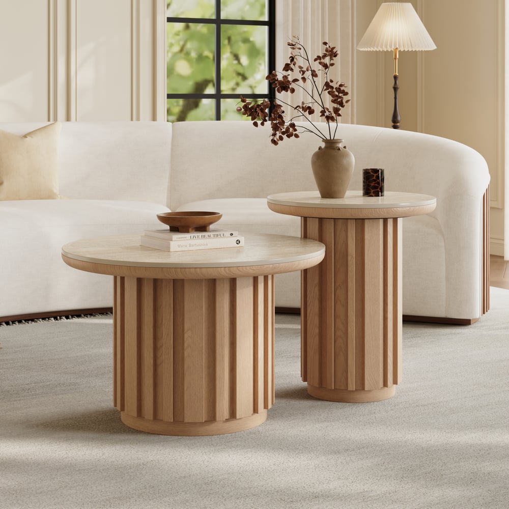 Aura 2 Piece Set Ash Wood Slatted  Round Coffee Table with Sintered Stone Top(20" - 28") window image