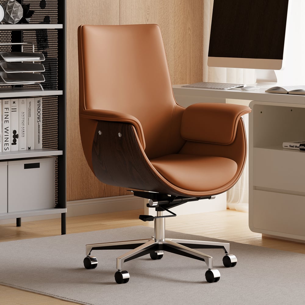 Black Double Desk with Drawers & 2 Brown PU Leather Modern Home Office Chairs window image
