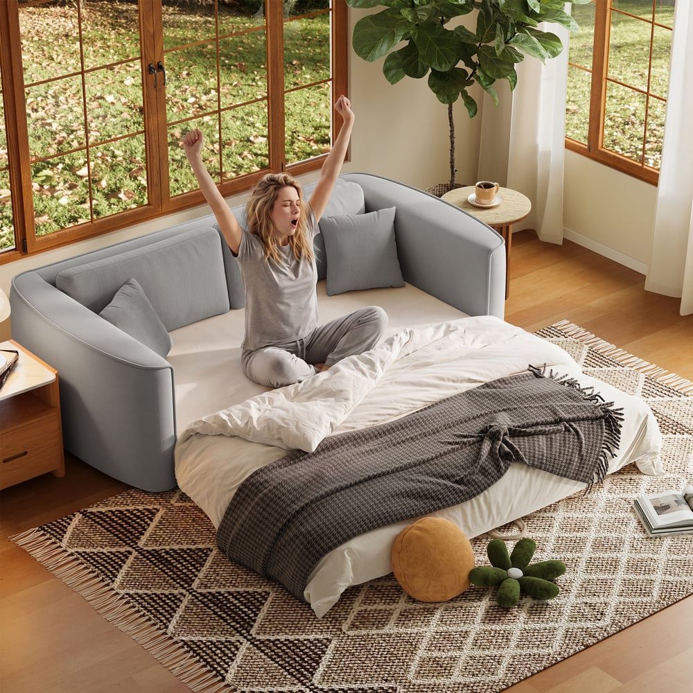 80" Queen 3-Seater Chenille Fold-Down Sleeper Sofa with Removable Cover window image