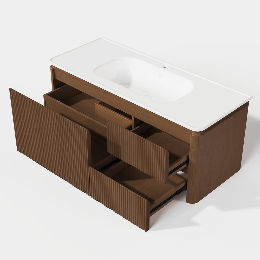 Moderno tocador de baño flotante acanalado de 119 cm con lavabo, LED suave y amplio almacenamiento Imagen de ventana