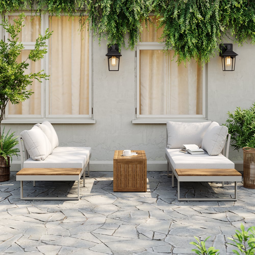 Slatera Outdoor Acacia & Aluminum Modular Sofa Set in Light Gray with Black Cover window image