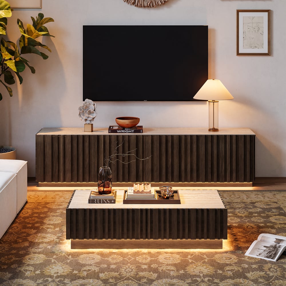 Aura 47" Ash Wood Slatted Coffee Table with Sintered Stone Top window image