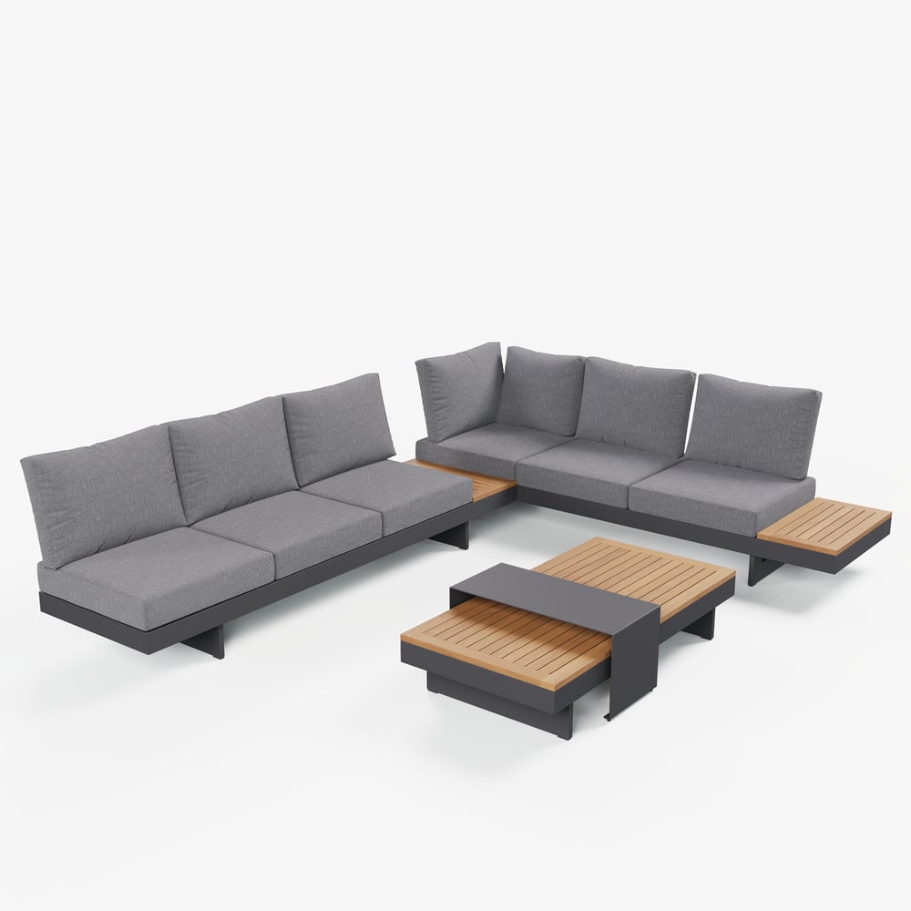 Tevara 5-Pieces Modular Teak Outdoor Sofa Set with Smokeless Fire Pit in Gray window image