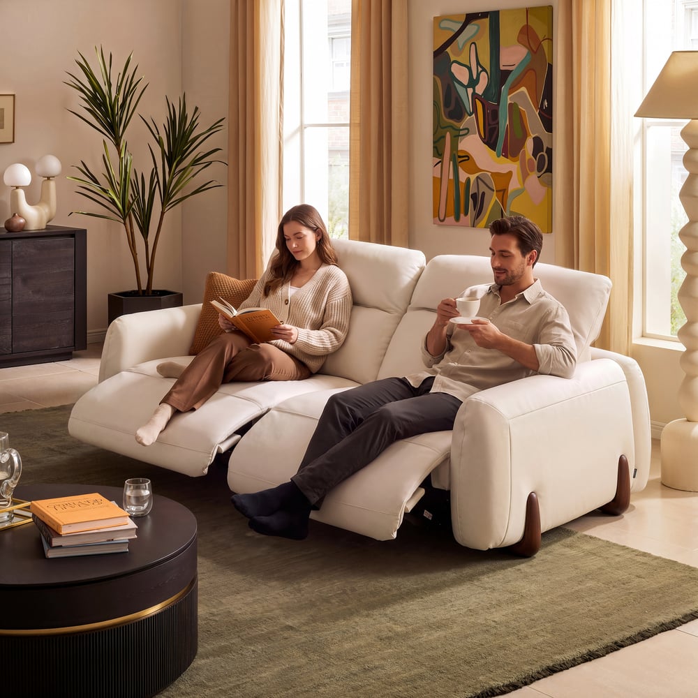 Curva 215cm Genuine Leather Power Reclining Sofa with Adjustable Headrest window image