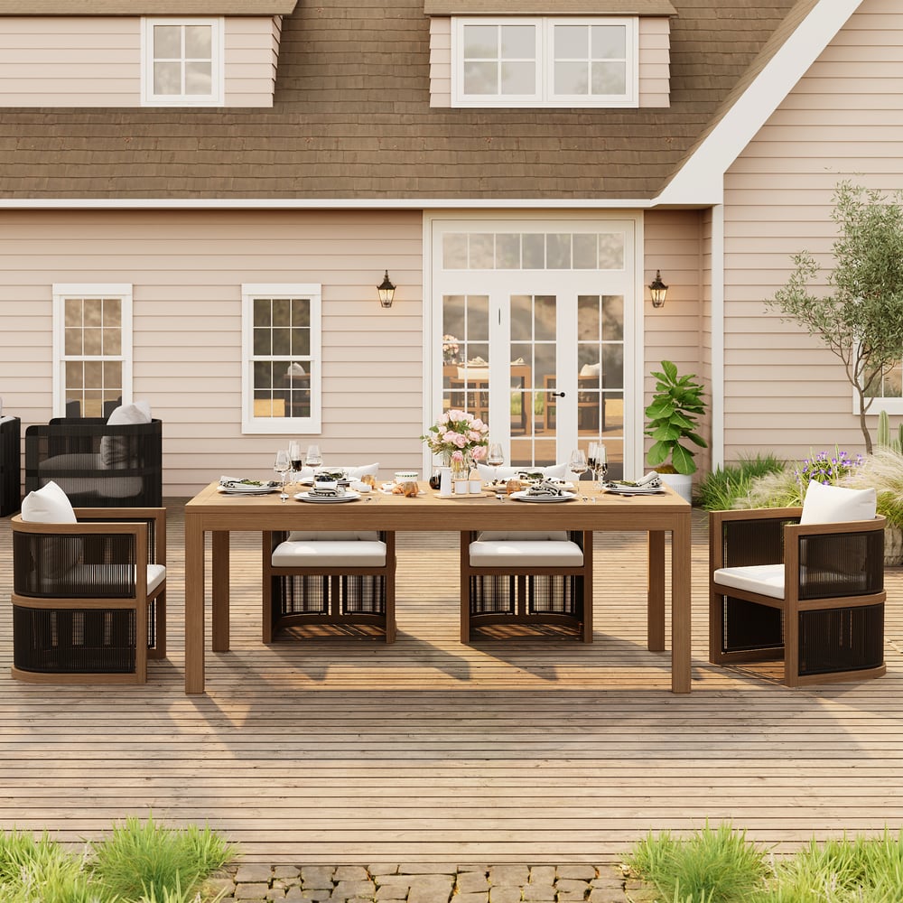 Wevara 78" Walnut-Finished Aluminum Slatted Outdoor Dining Table window image