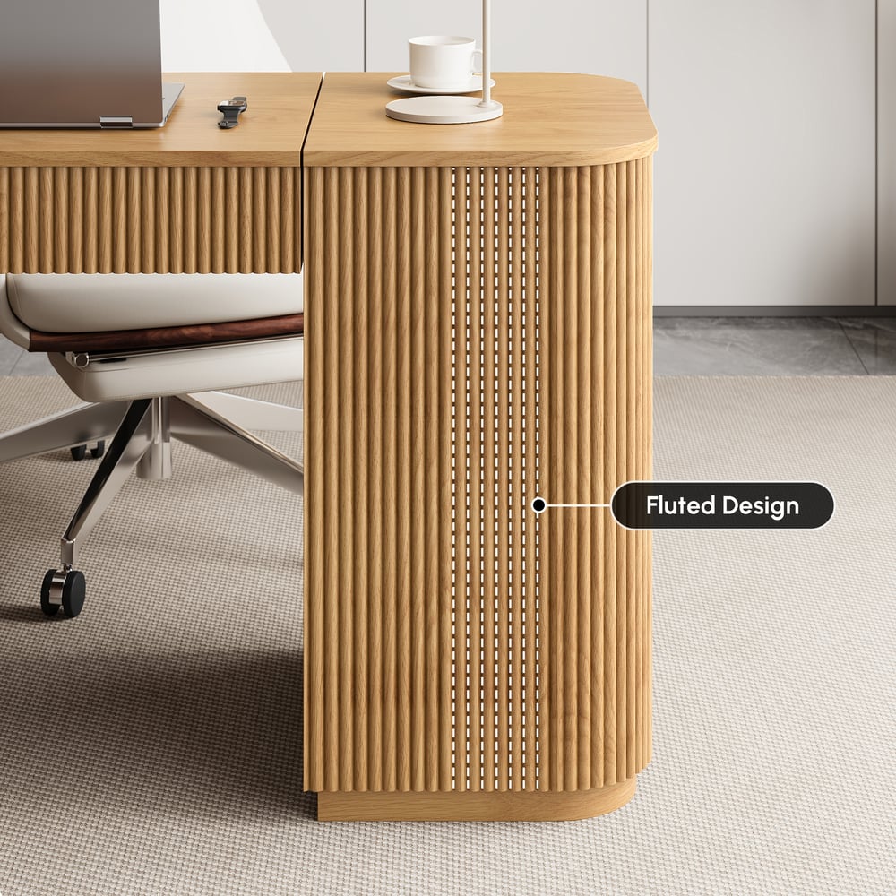 Velign 65" L-Shape Natural Executive Desk with Right-Side Cabinet window image