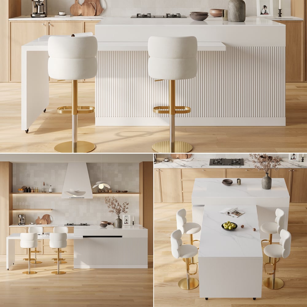 Îlot de cuisine moderne de 81" à 118" en pierre frittée avec tiroirs et portes, blanc image de fenêtre
