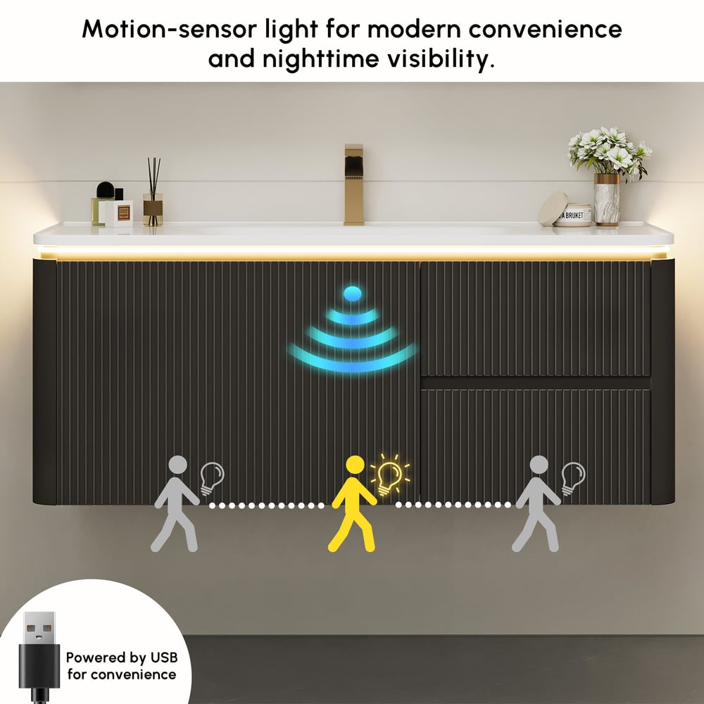 Mueble de baño flotante moderno de 120 cm con lavabo, LED suave, amplio almacenamiento Imagen de ventana