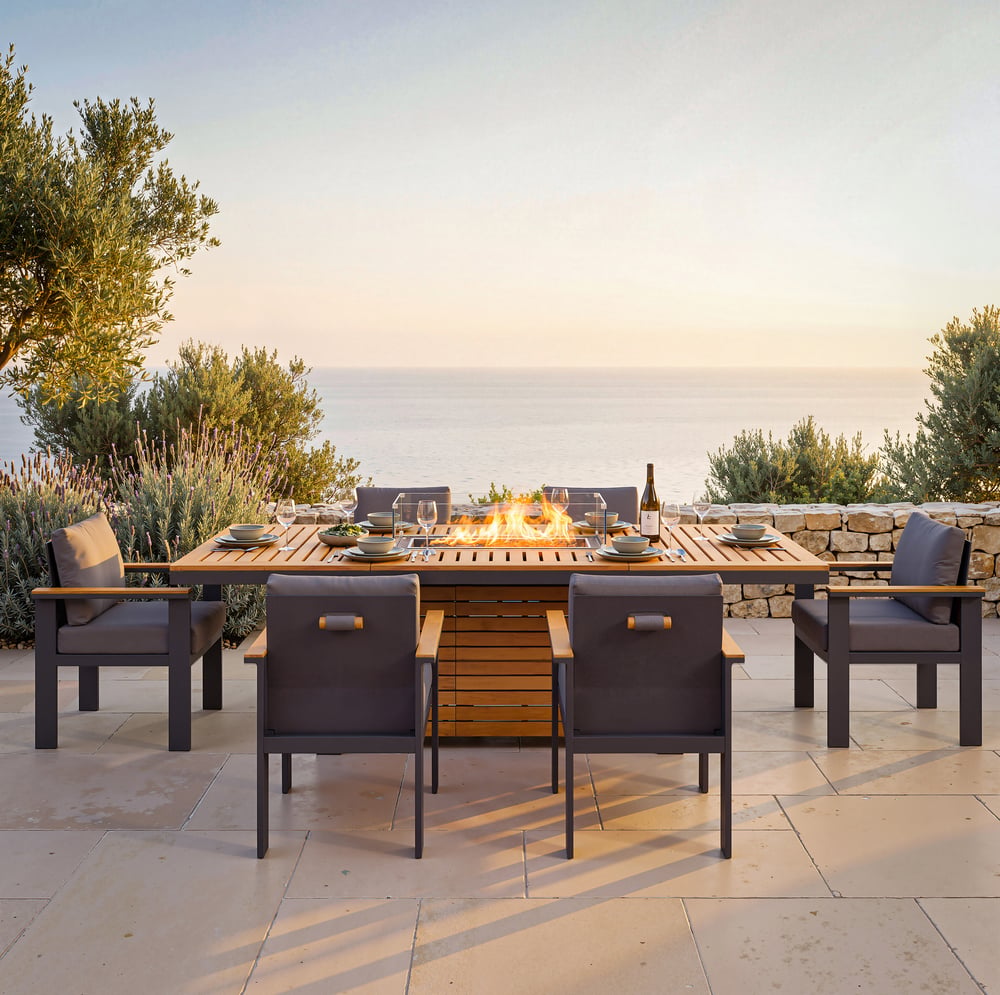 Tevara 7 Pieces Outdoor Dining Set with Propane Fire Pit Table & Aluminum Armchair window image