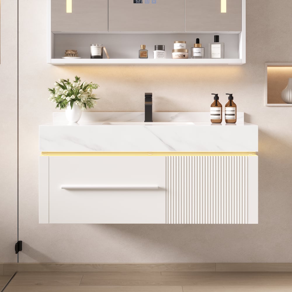 39.4" Wall-Mounted Bathroom Vanity with Sintered Stone Top, LED Sensor Light window image