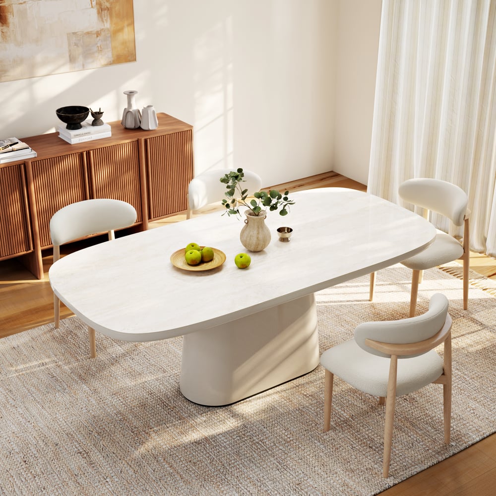 Modern 79" Oval Faux Travertine Sintered Stone Dining Table, Seats 6 window image