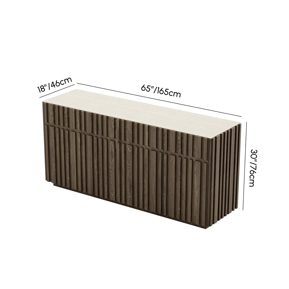Aura 65" Ash Wood Slatted TV Stand with Sintered Stone Top weights dimensions image
