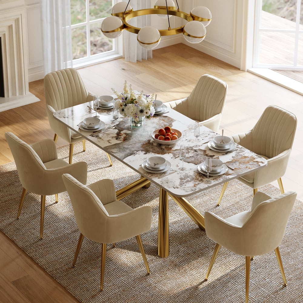 Ensemble de salle à manger 180 cm Table rectangulaire en pierre frittée Pandora brillante avec 6 chaises image de fenêtre