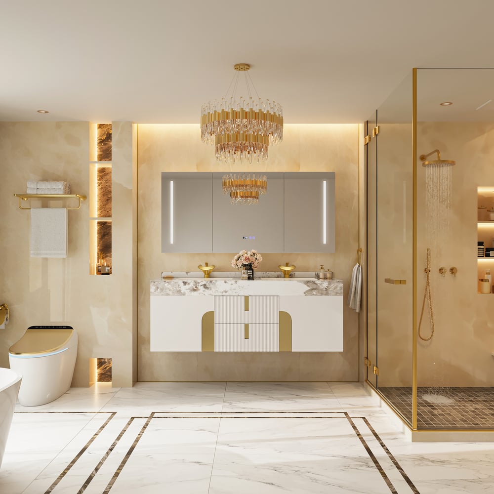 Artis 152 cm Meuble de salle de bain flottant double vasque avec plateau en pierre frittée image de fenêtre