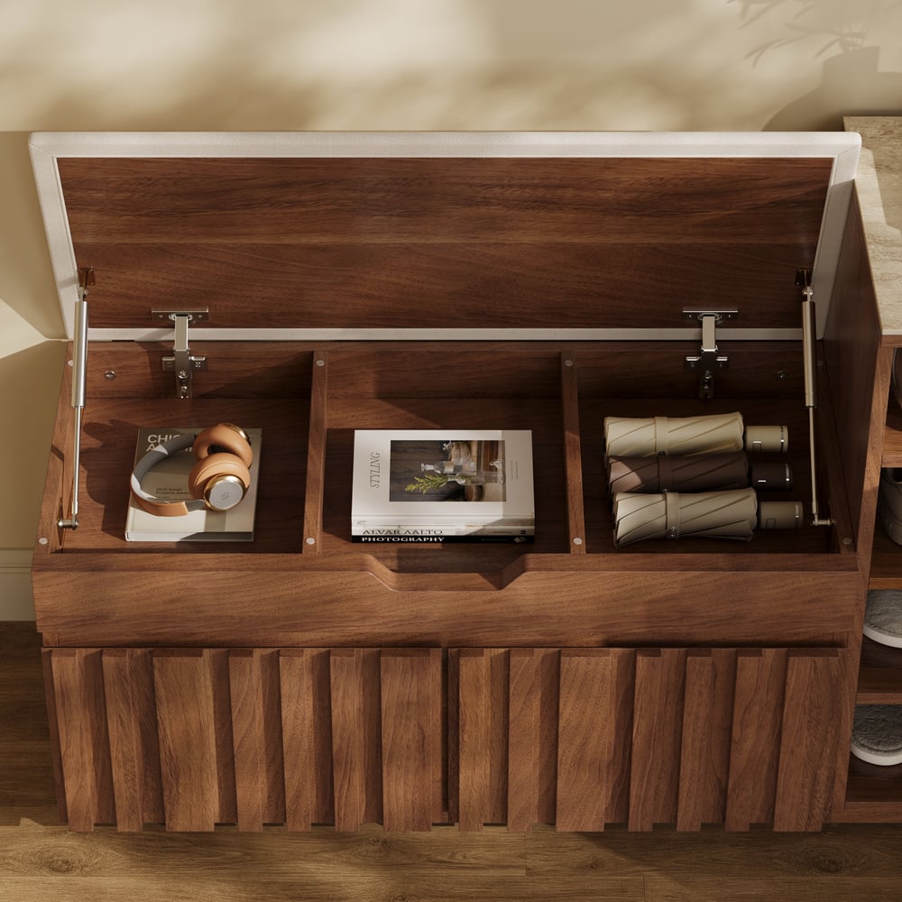 Banc de rangement à chaussures Aura 47" en bois de noyer avec armoire sur le côté droit pour entrée image de fenêtre