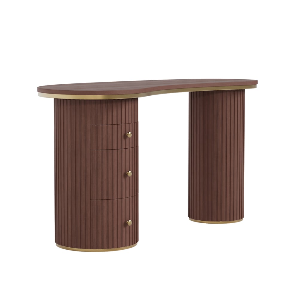Walnut Curved Wooden Office Desk & Adjustable Swivel Executive Chair in Beige & Gold window image