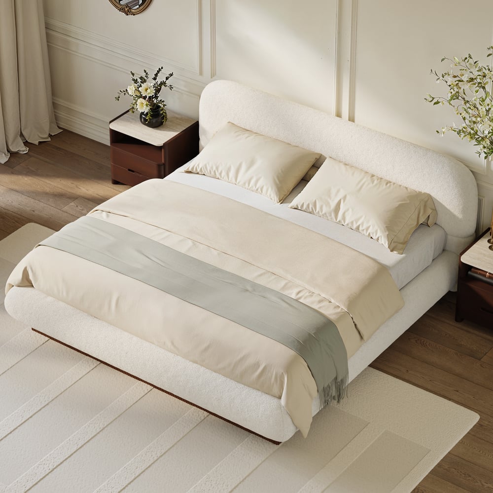 Modern Boucle Upholstered Bed with Charging Station & Fluted Base window image