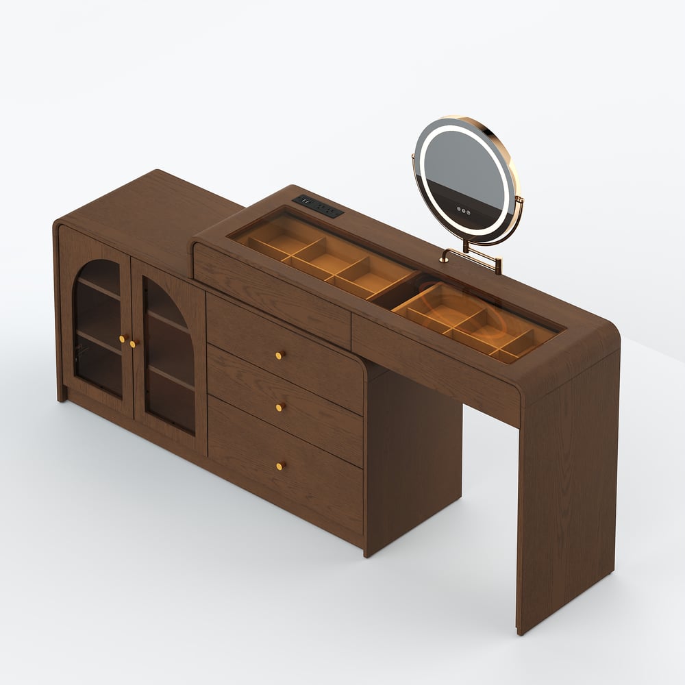 Mid Century Modern Extendable L-Shaped Makeup Vanity Dresser with LED Mirror(49"–91") window image