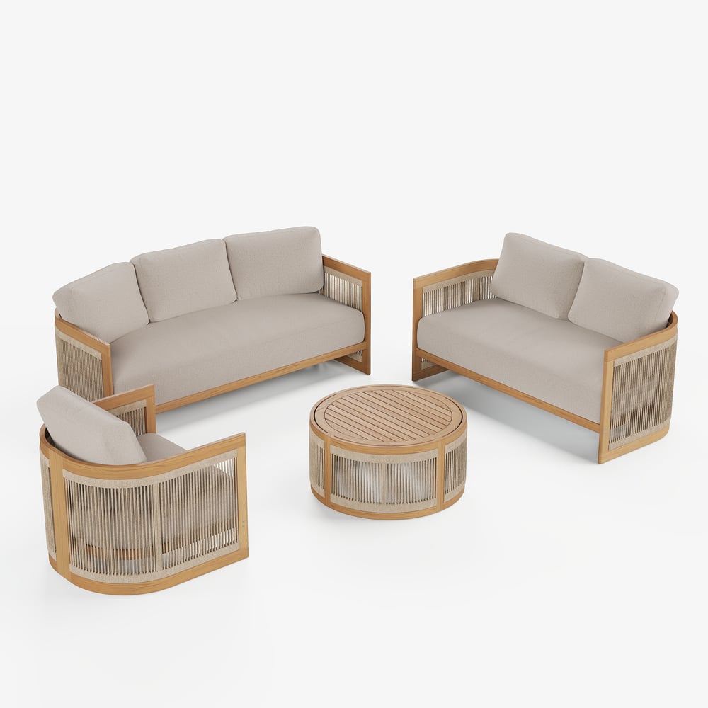 4-Piece Outdoor Teak & Rope Weave Sofa Set with Coffee Table for 6 window image