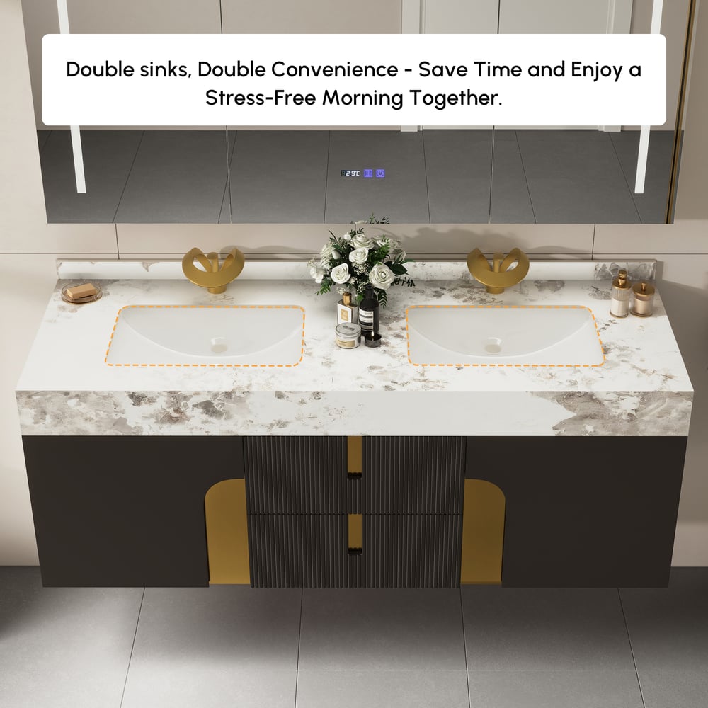 Mueble de baño Artis de 152cm de doble lavabo flotante con encimera de piedra sinterizada Imagen de ventana