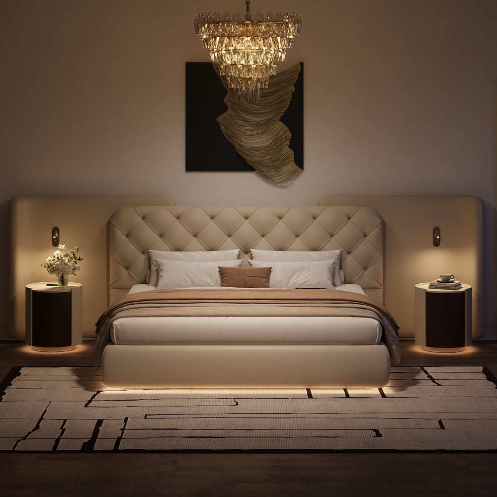 Modern King Genuine Leather Tufted Bed with Wide Charging Headboard & Light window image