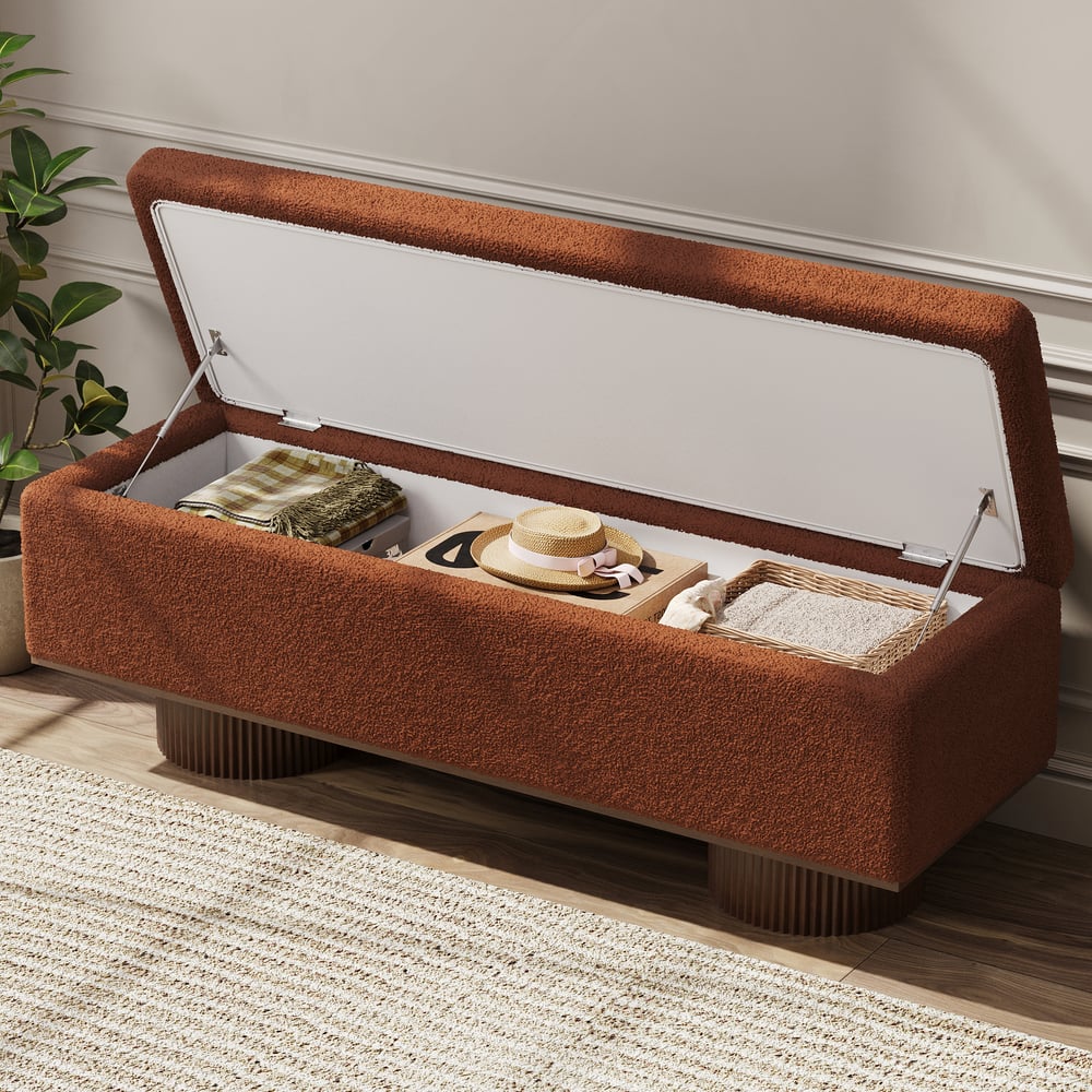 Teddy Fabric Fluffy Faux Fur Flip Top Wood Storage Entryway Bench window image