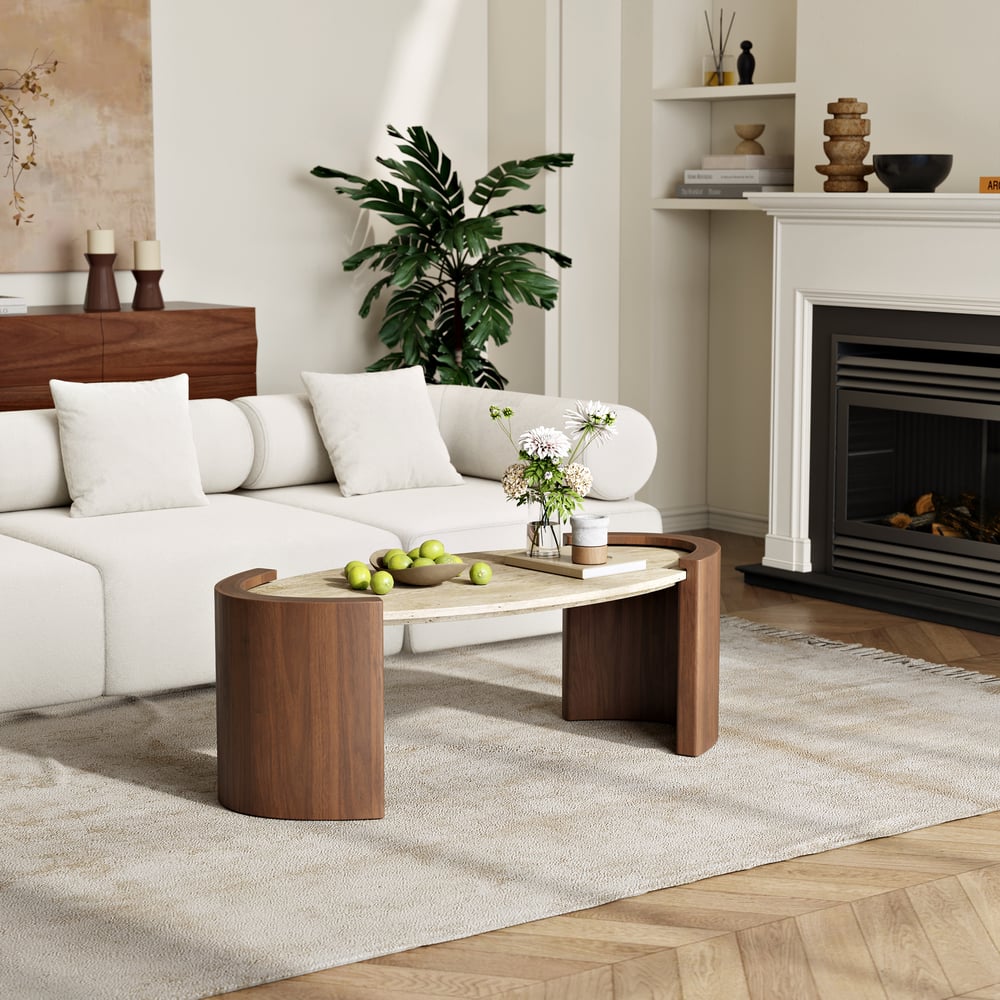 Table Basse de 43" en Pierre de Travertin Ovale Style Japandi image de fenêtre