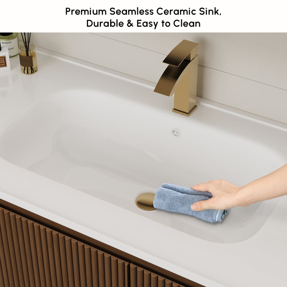 Moderno tocador de baño flotante acanalado de 119 cm con lavabo, LED suave y amplio almacenamiento Imagen de ventana