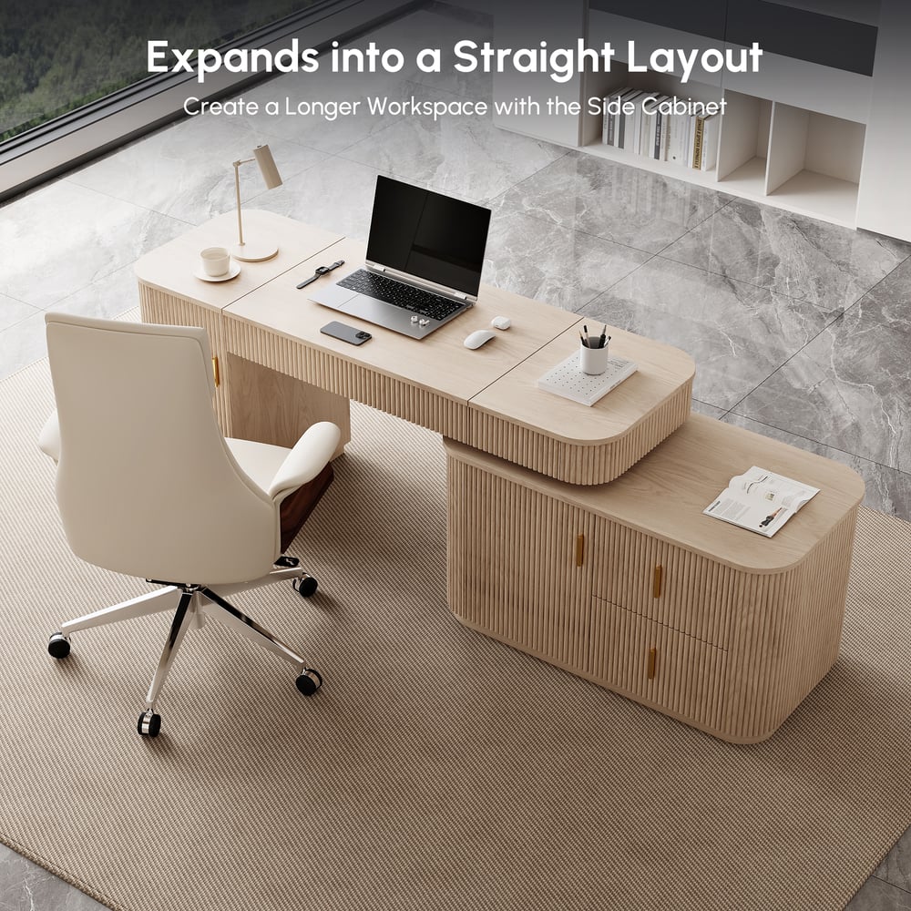 Velign 65" L-Shape Whitewash Executive Desk with Right-Side Cabinet window image