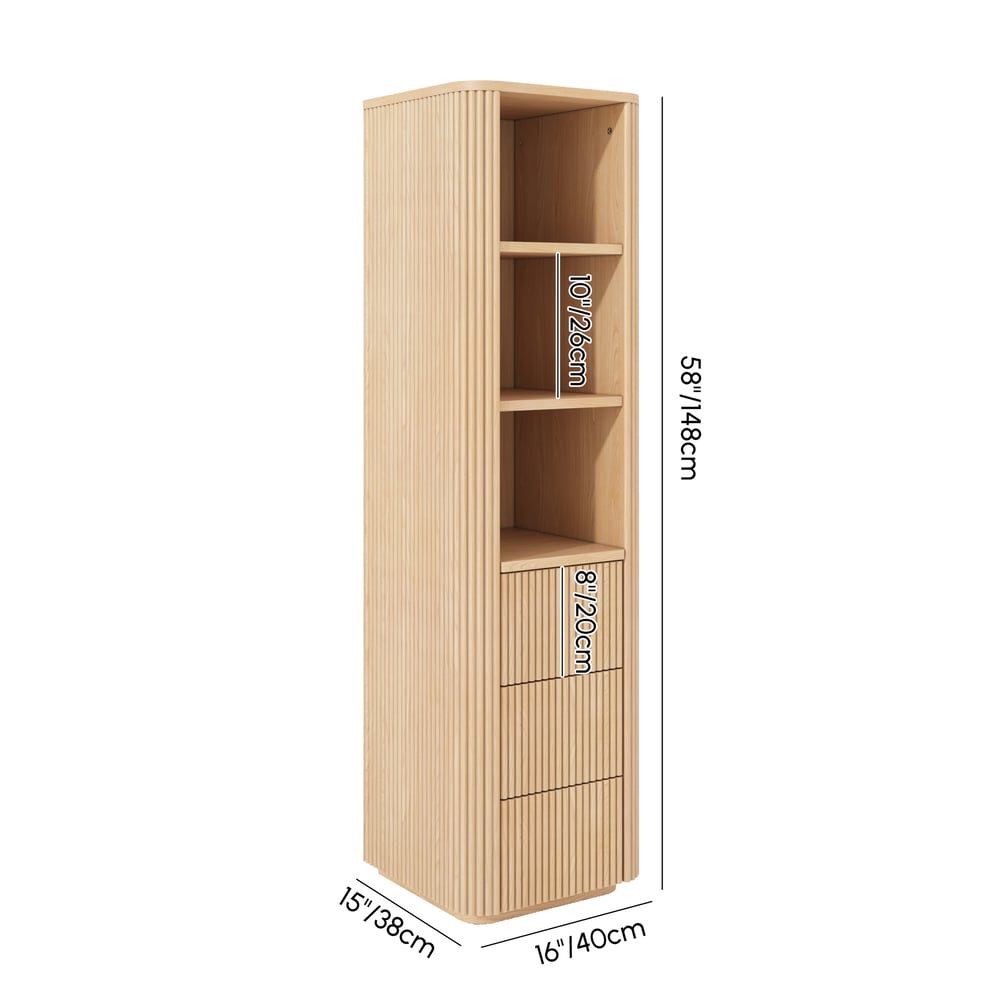 Fluted 58" Bathroom Linen Cabinet with 3 Drawers and Open Shelves weights dimensions image