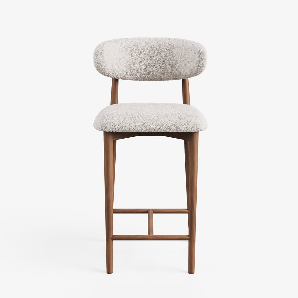 Modern Walnut Boucle Bar Stool with Wooden Legs, 1 Piece window image