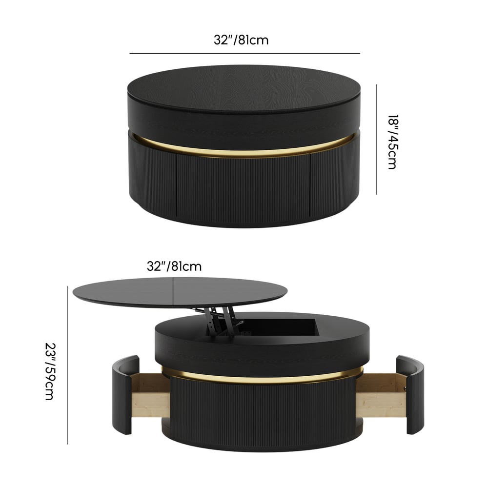 Table basse ronde à plateau relevable cannelé de 32 pouces avec 2 tiroirs Poids, dimensions, image
