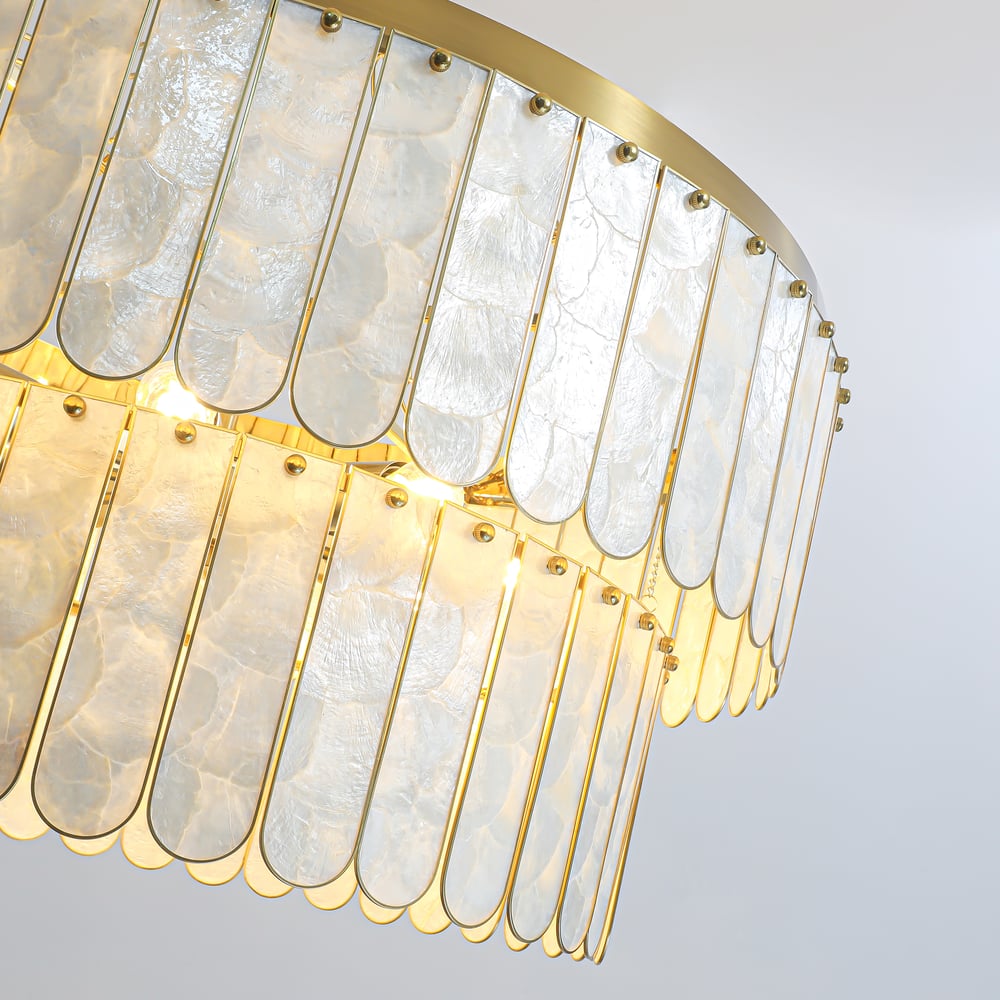 Enseo Coastal 8-Light Capiz Shell 2-Tiered Faceted Chandelier Pendant Light Gold White window image