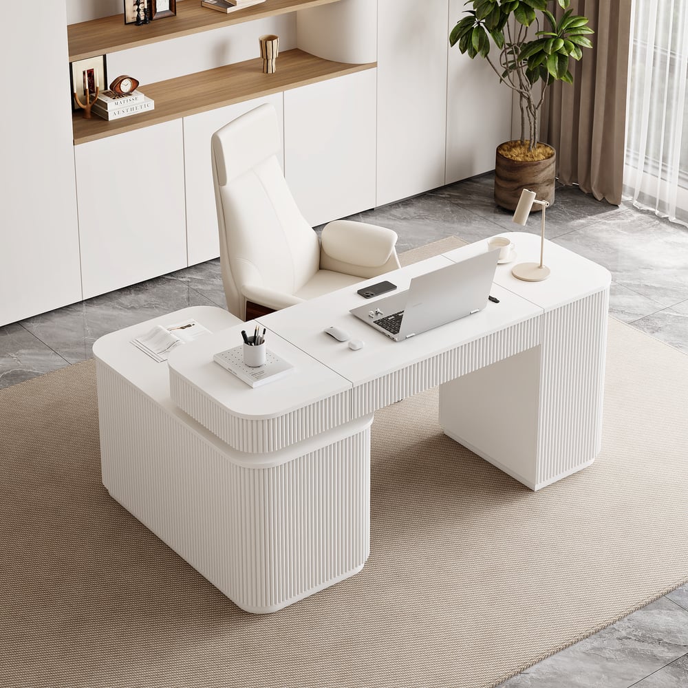 Velign 65" L-Shape White Executive Desk with Right-Side Cabinet window image