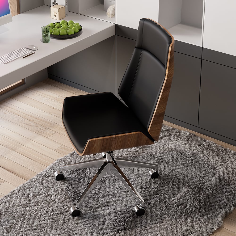 Ultic Matte Black L Shaped Home Office Desk & Faux Leather Office Chair Set with Wheels window image